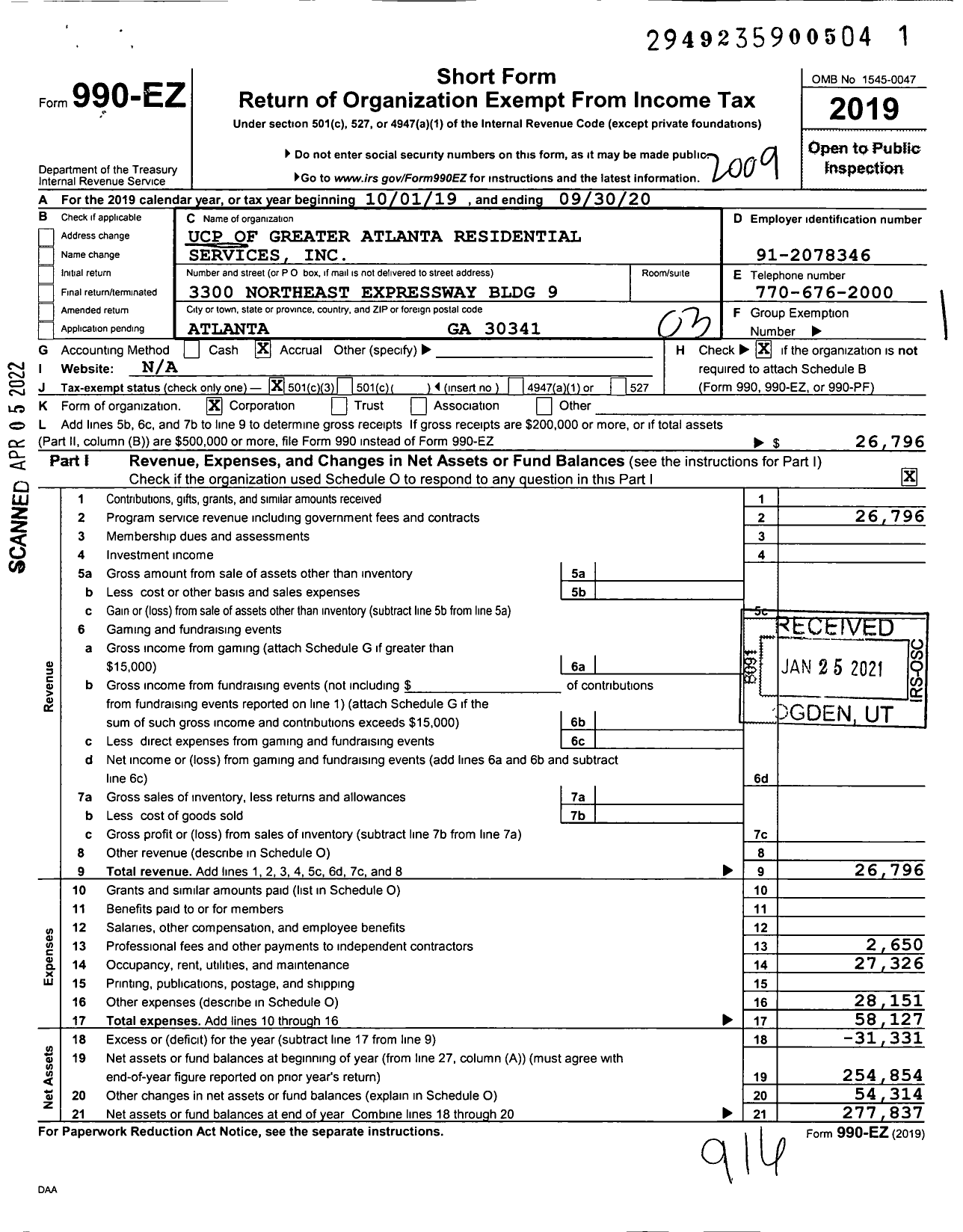 Image of first page of 2019 Form 990EZ for United Cerebral Palsy of Greater Atlanta Residential Services