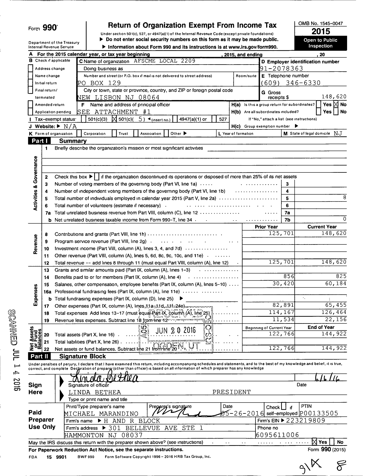 Image of first page of 2015 Form 990O for American Federation of State County & Municipal Employees - L2209NJ NJ Health Rehab Burlington