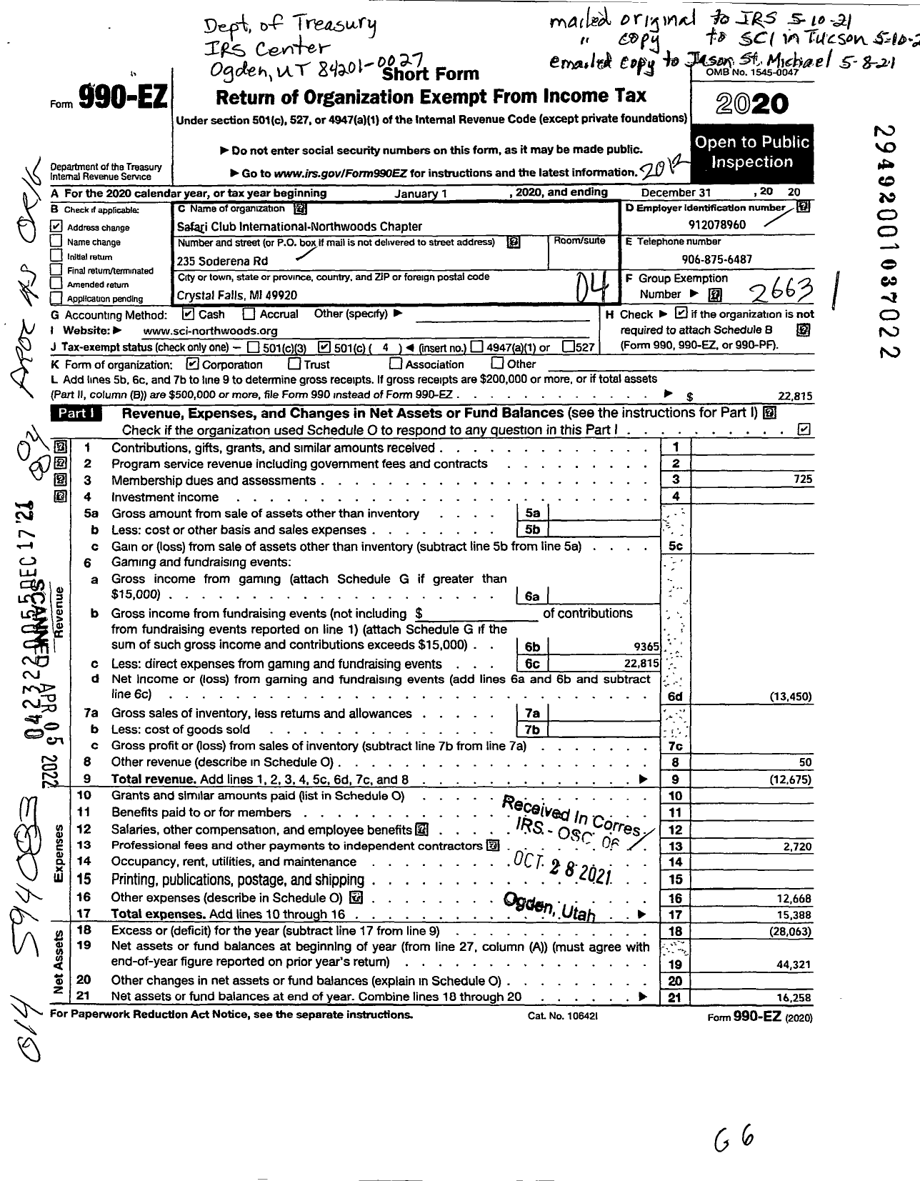 Image of first page of 2020 Form 990EO for Safari Club International- Northwoods Chapter