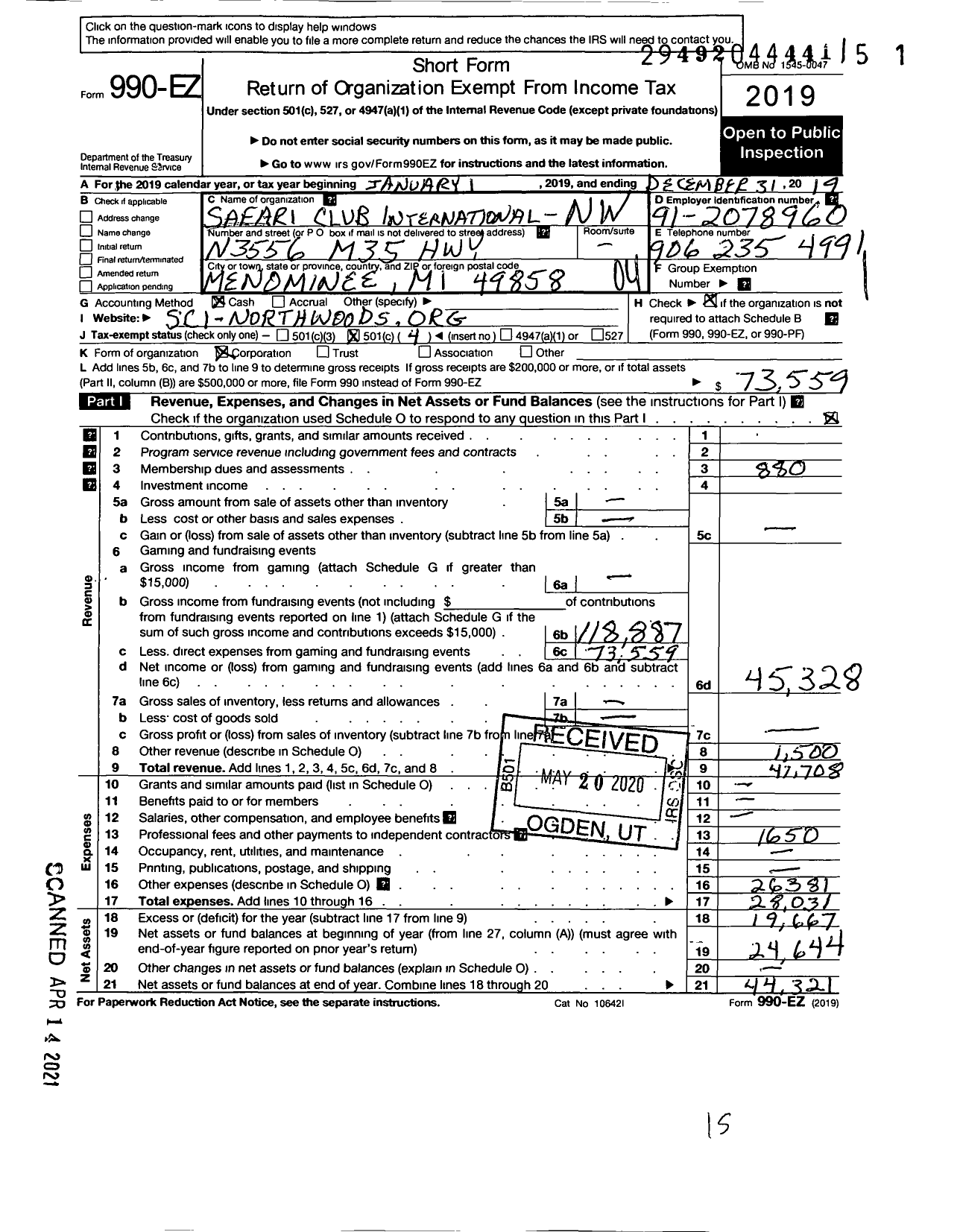 Image of first page of 2019 Form 990EO for Safari Club International- Northwoods Chapter