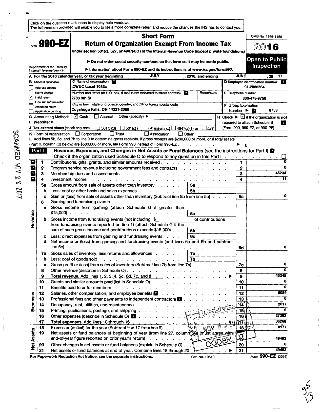 Image of first page of 2016 Form 990EO for United Food & Commercial Workers Union - 1033c Local Union