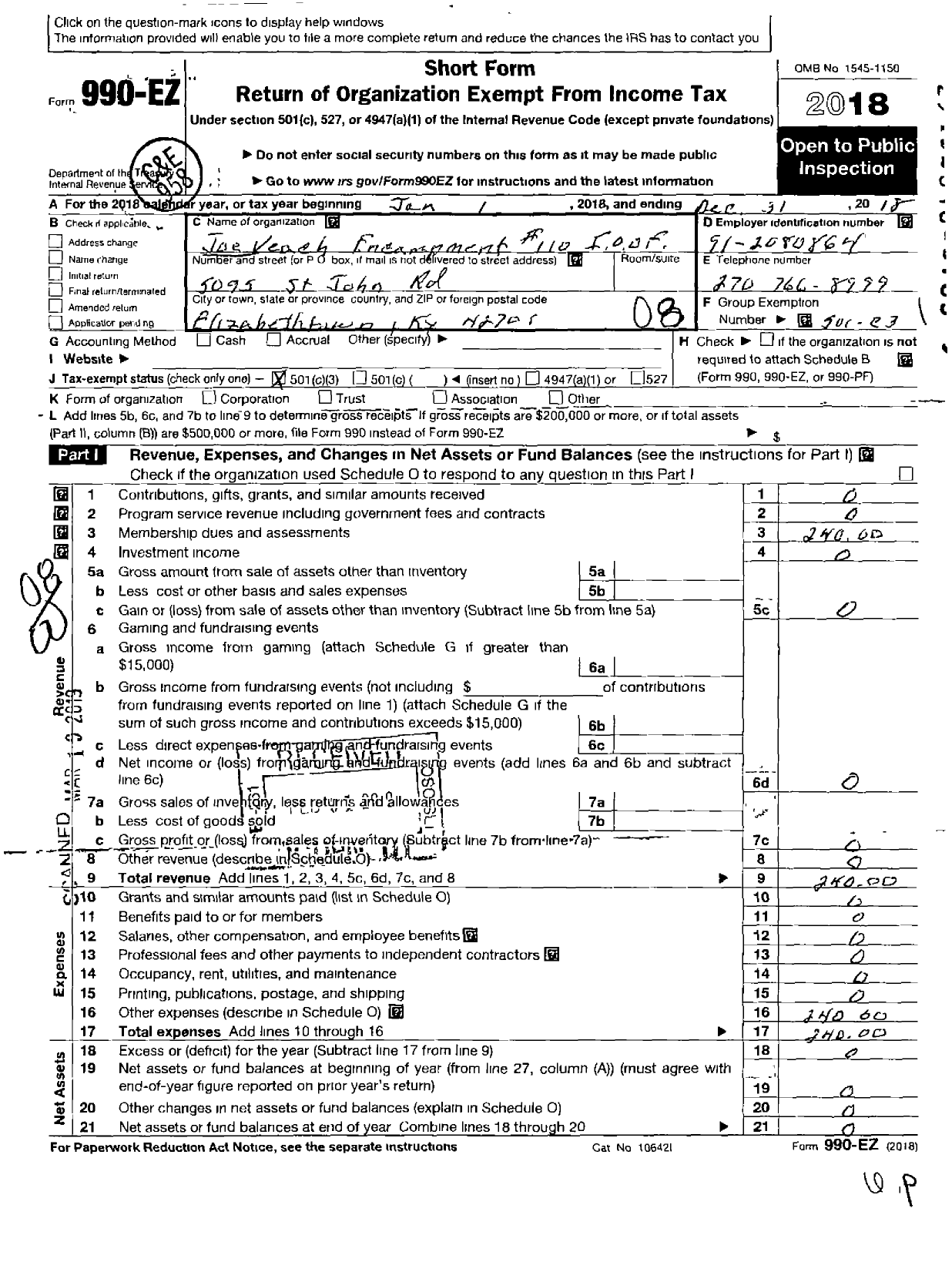 Image of first page of 2018 Form 990EO for Independent Order of Odd Fellows - 110 Joe Veach Enc