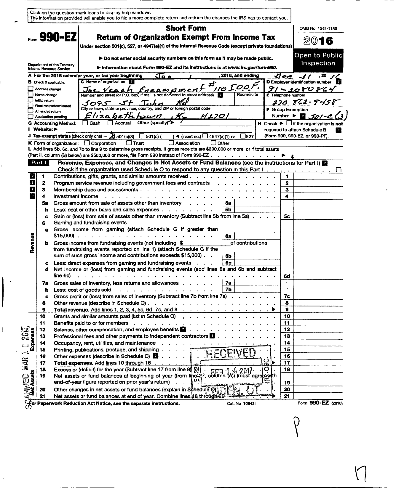 Image of first page of 2016 Form 990EZ for Independent Order of Odd Fellows - 110 Joe Veach Enc