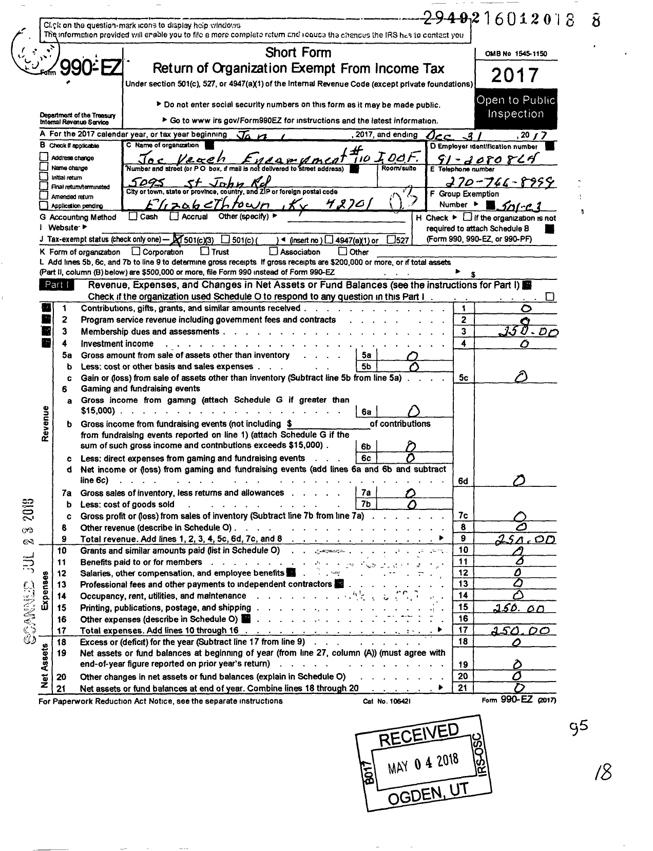 Image of first page of 2017 Form 990EZ for Independent Order of Odd Fellows - 110 Joe Veach Enc