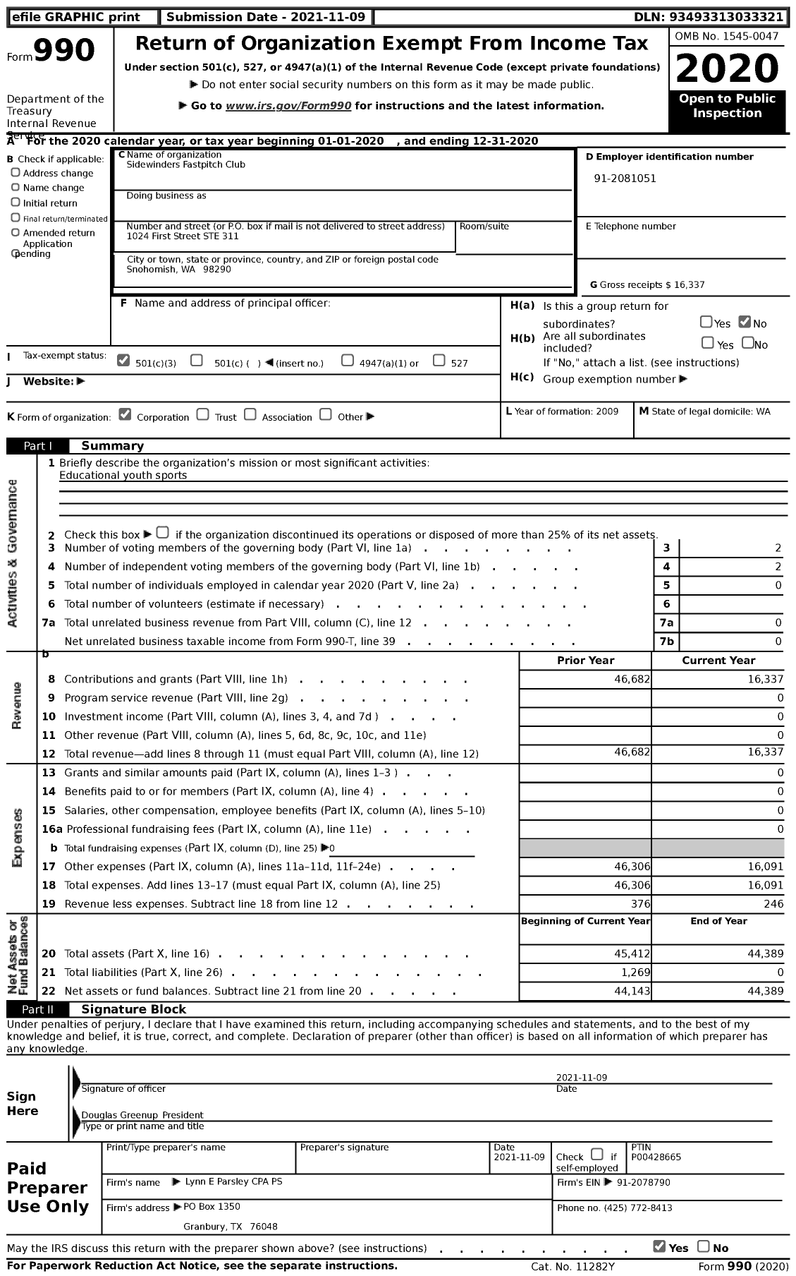 Image of first page of 2020 Form 990 for Sidewinders Fastpitch Club