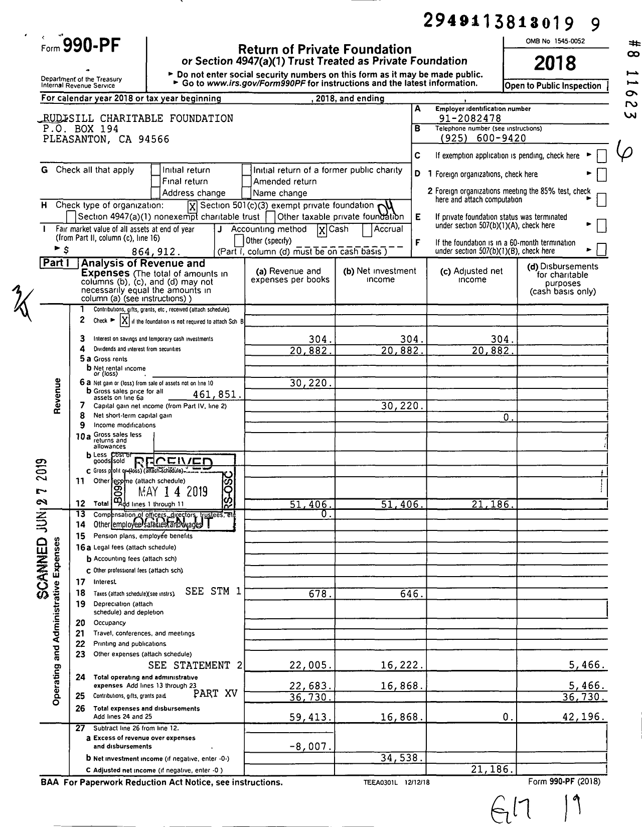 Image of first page of 2018 Form 990PF for Rudisill Charitable Foundation