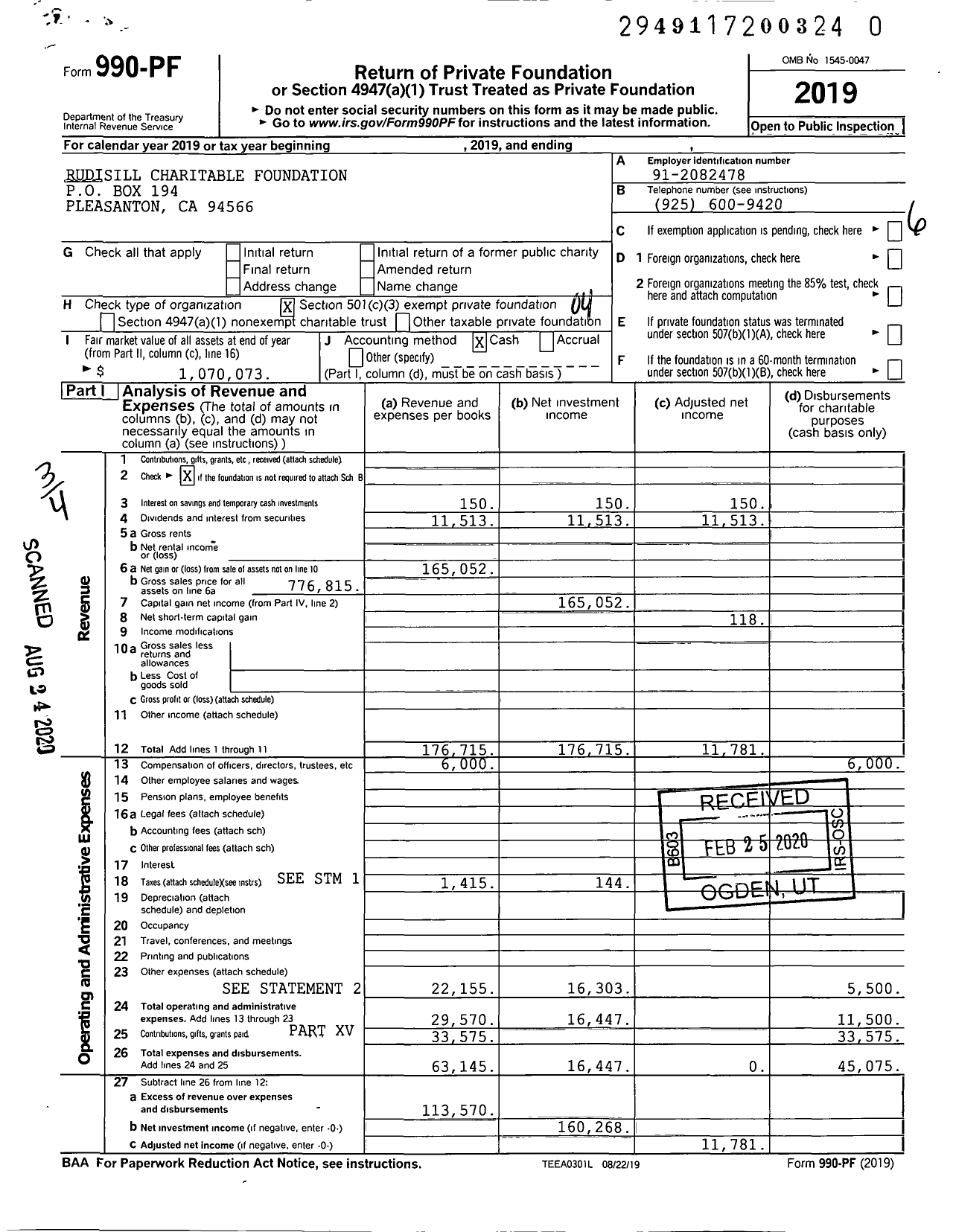 Image of first page of 2019 Form 990PR for Rudisill Charitable Foundation