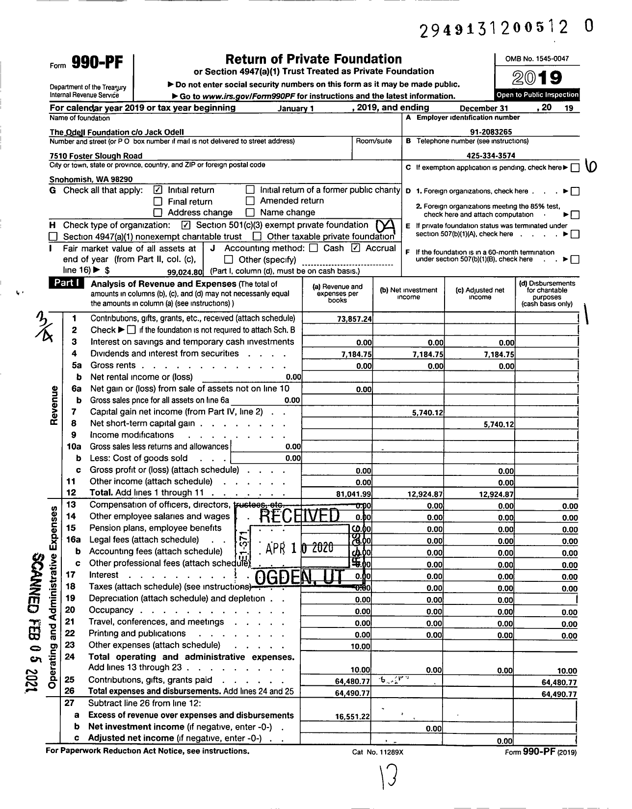 Image of first page of 2019 Form 990PF for The Odell Foundation