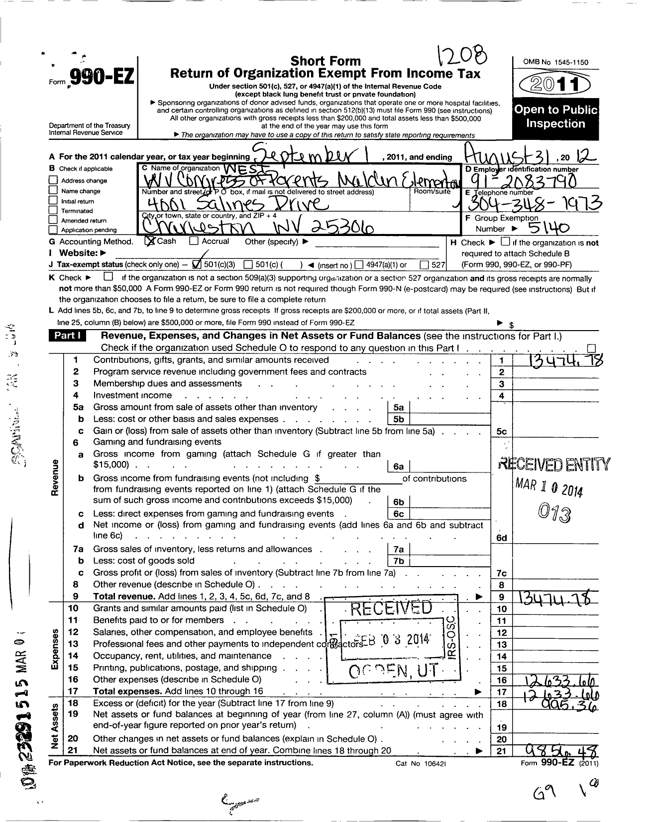 Image of first page of 2011 Form 990EZ for West Virginia Congress of Parents and Teacher Association