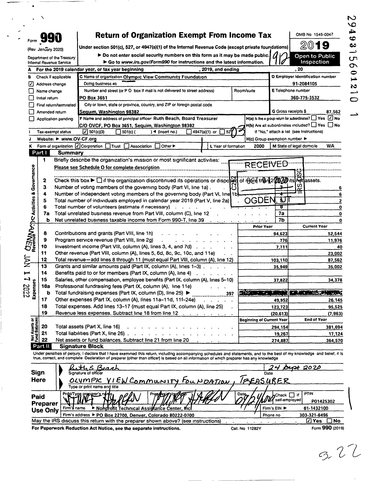 Image of first page of 2019 Form 990 for Olympic View Community Foundation