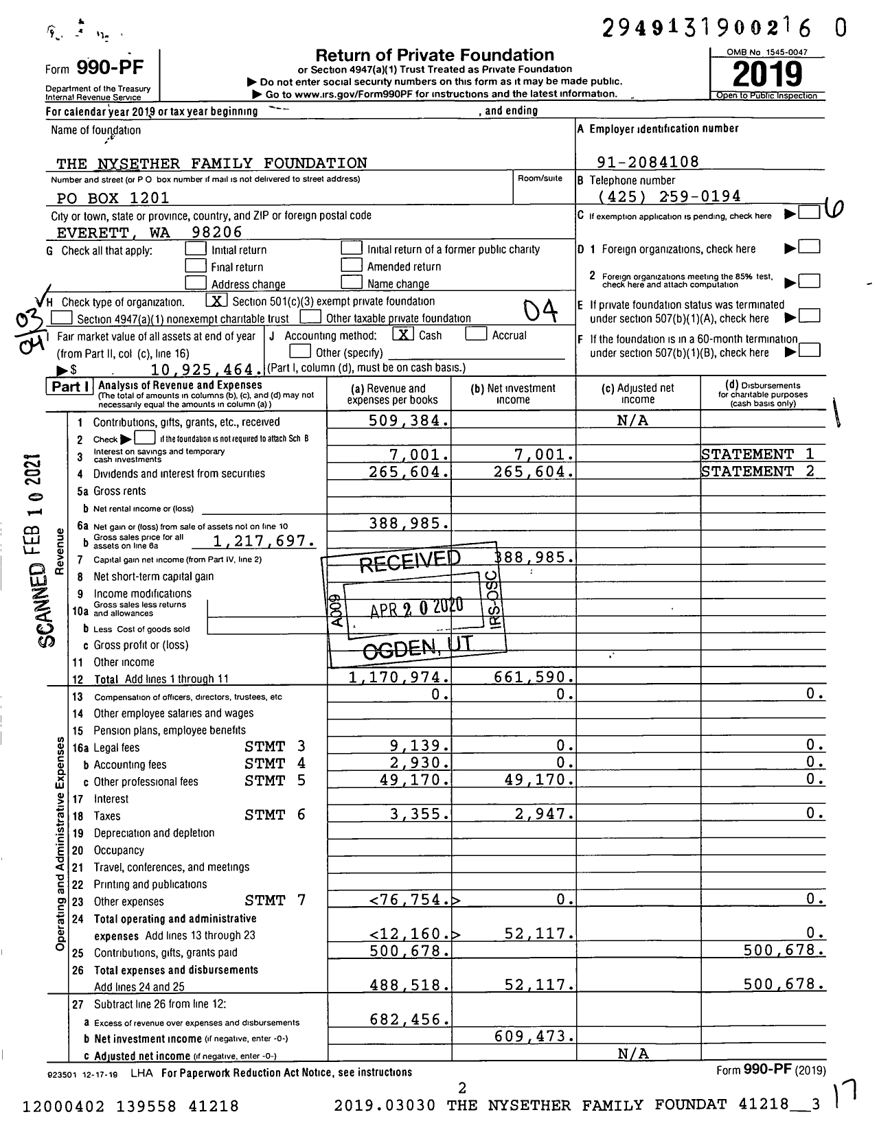 Image of first page of 2019 Form 990PF for Nysether Family Foundation