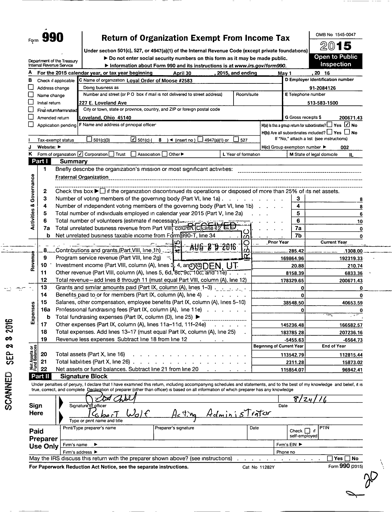 Image of first page of 2015 Form 990O for Loyal Order of Moose - 2583