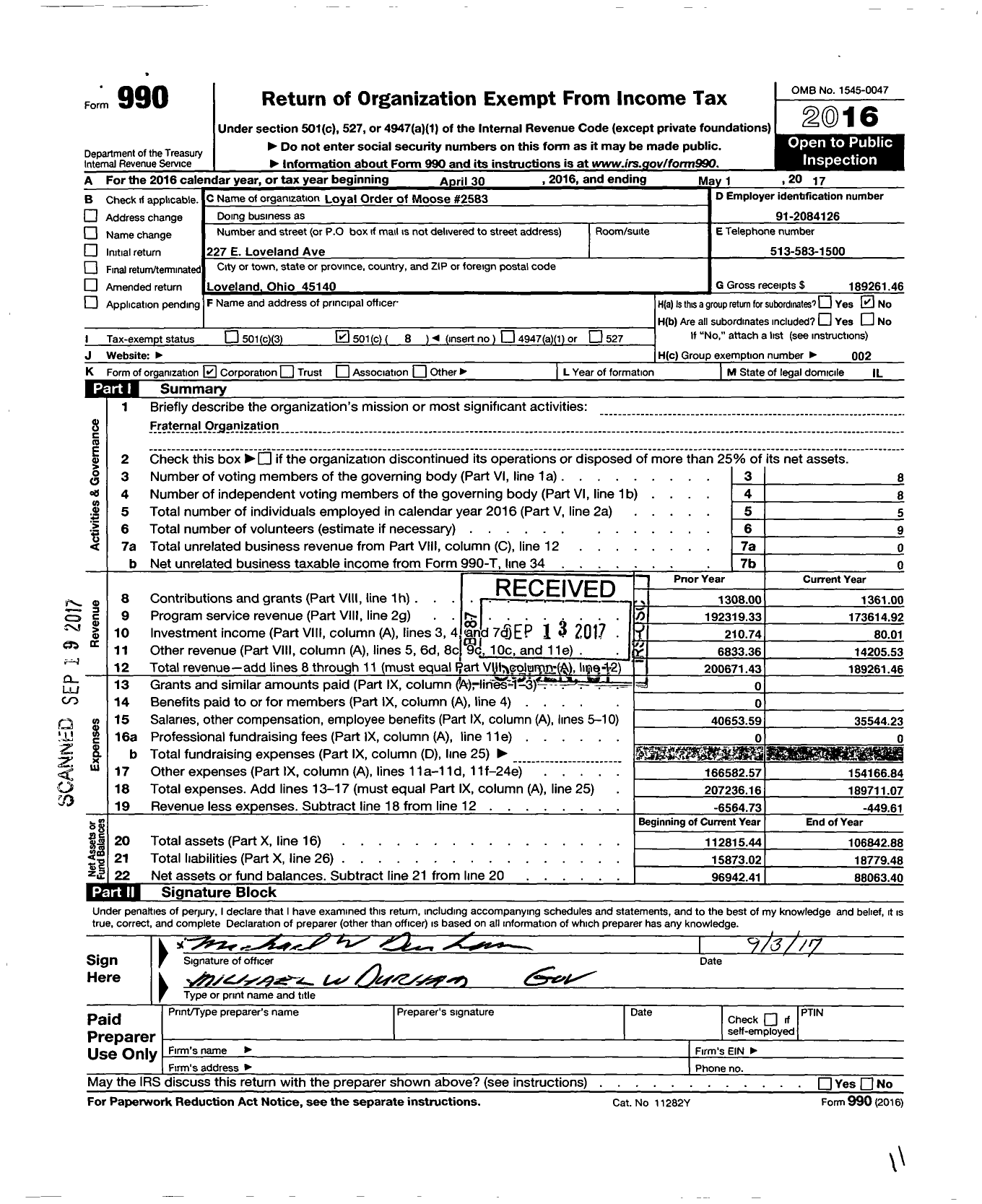 Image of first page of 2016 Form 990O for Loyal Order of Moose - 2583