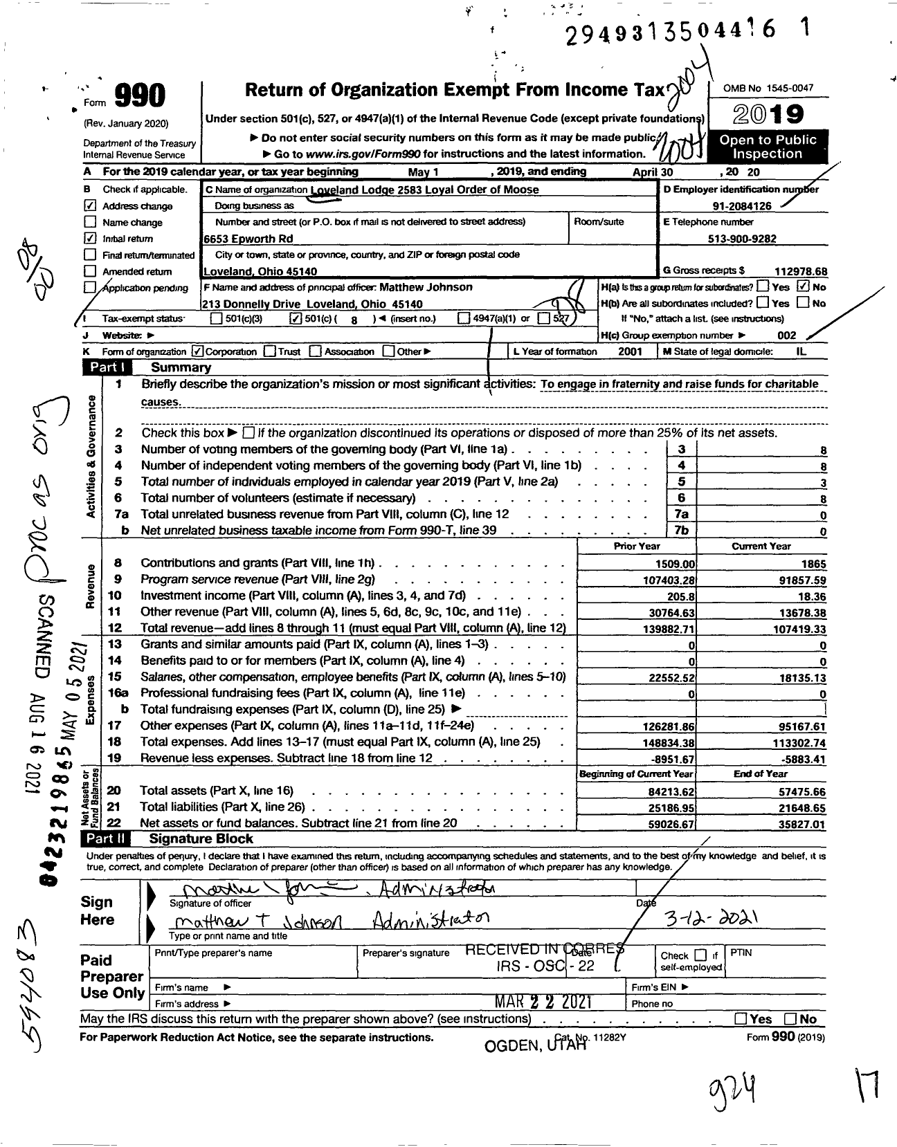 Image of first page of 2019 Form 990O for Loyal Order of Moose - 2583