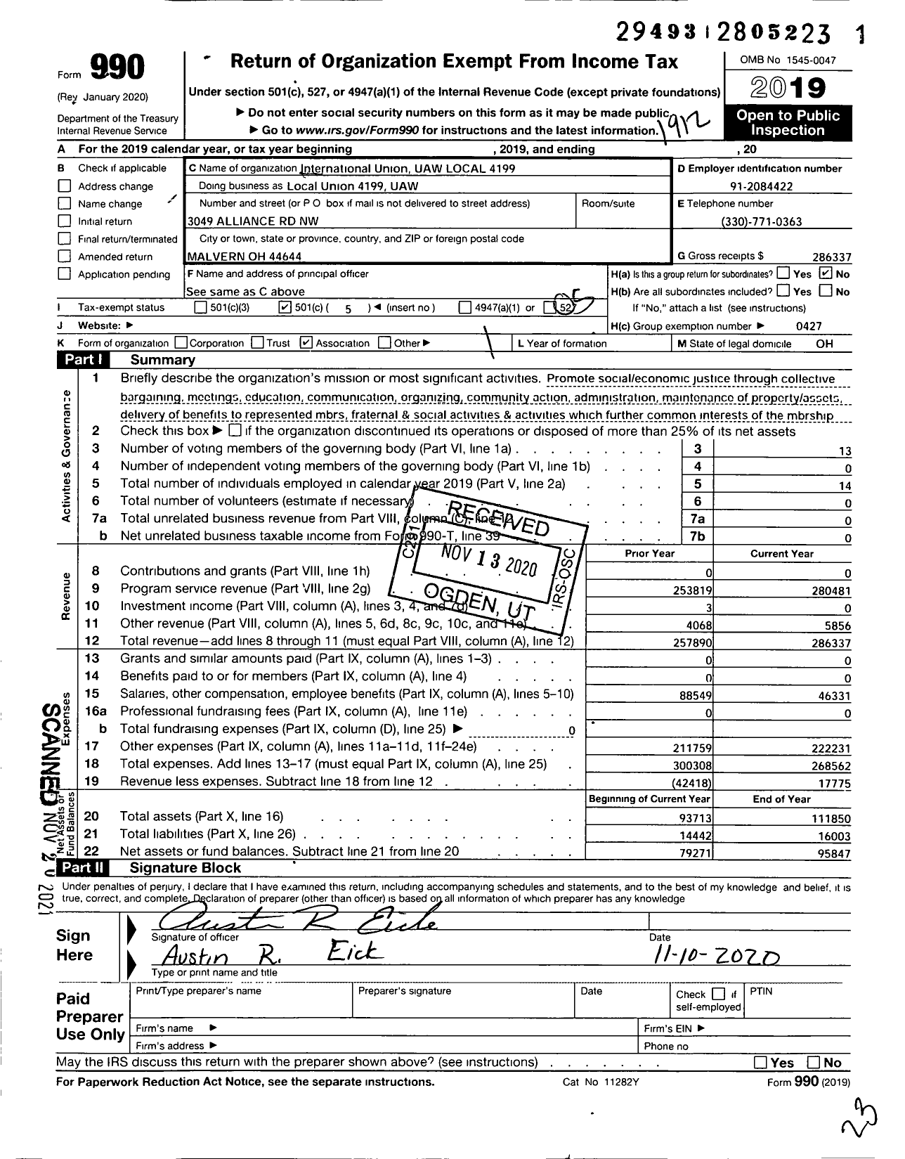 Image of first page of 2019 Form 990O for International Union UAW LOCAL 4199