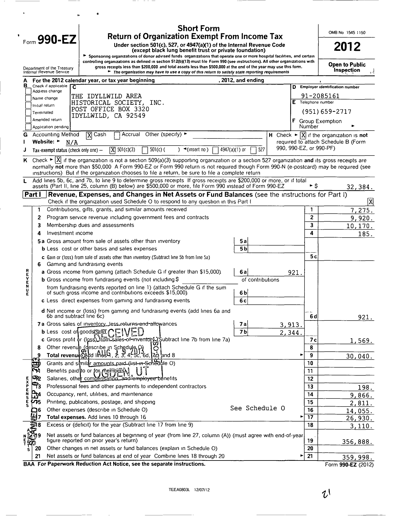 Image of first page of 2012 Form 990EZ for Idyllwild Area Historical Society