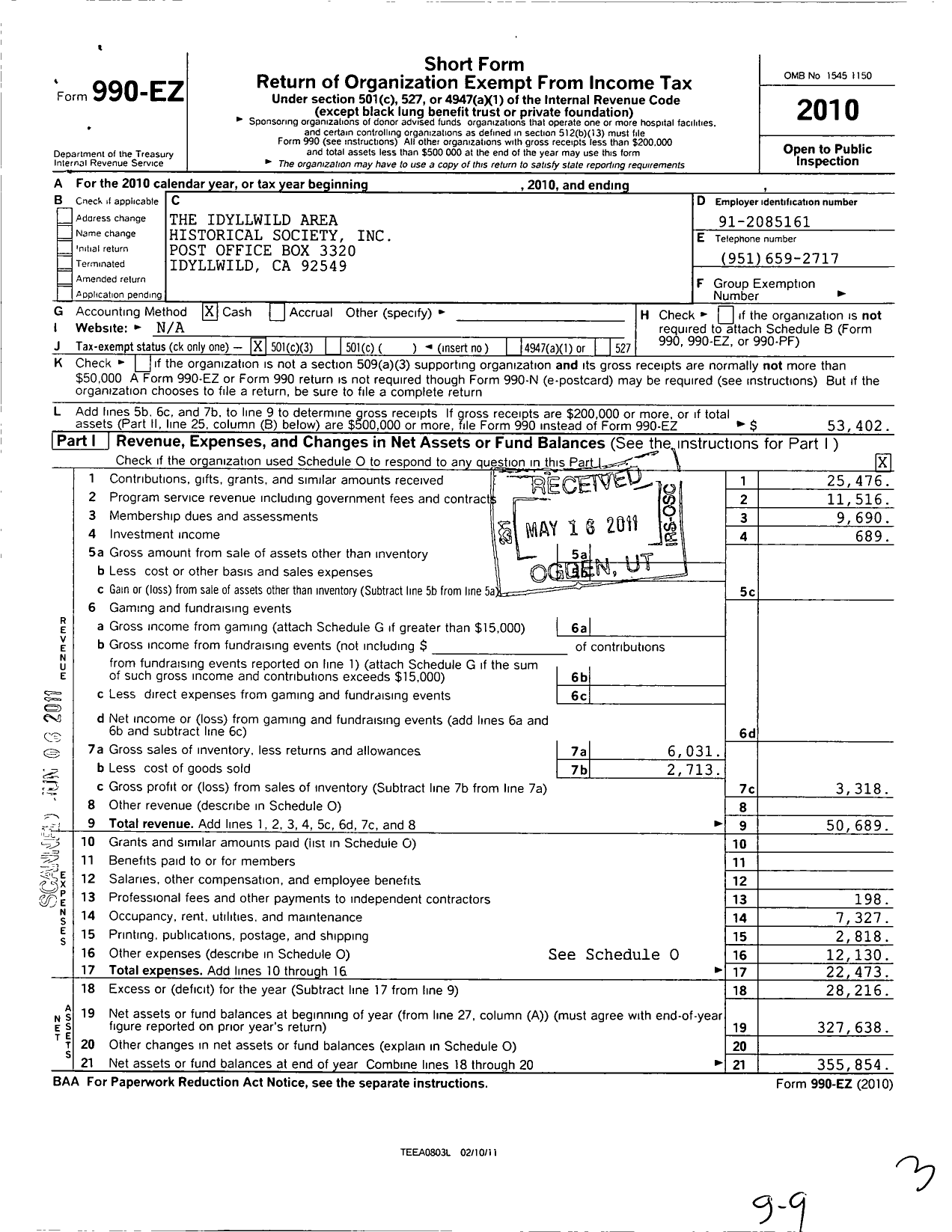 Image of first page of 2010 Form 990EZ for Idyllwild Area Historical Society