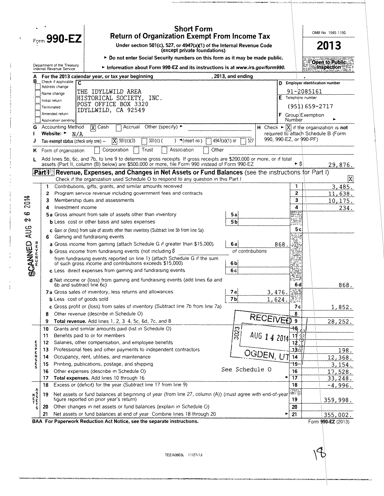 Image of first page of 2013 Form 990EZ for Idyllwild Area Historical Society