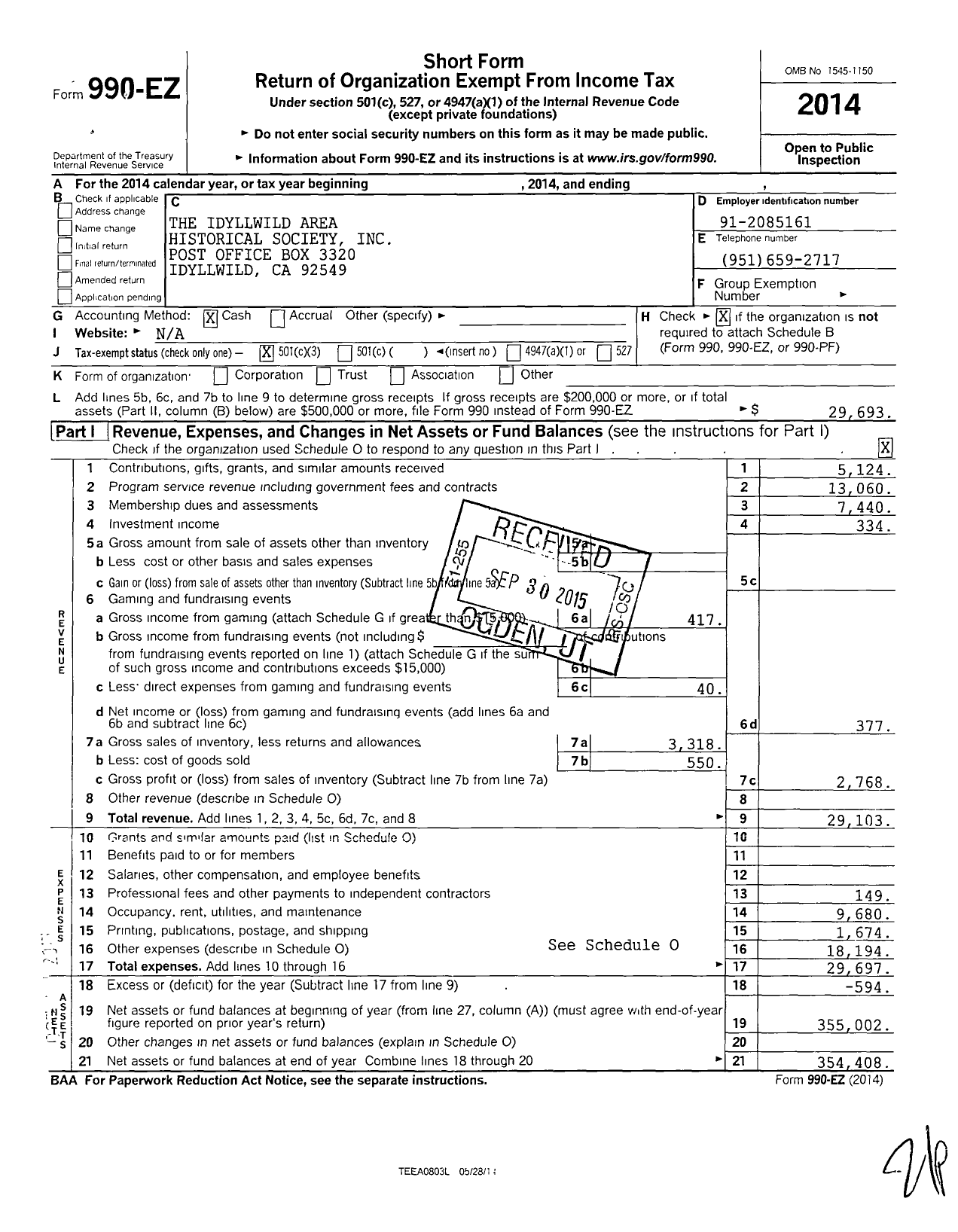 Image of first page of 2014 Form 990EZ for Idyllwild Area Historical Society