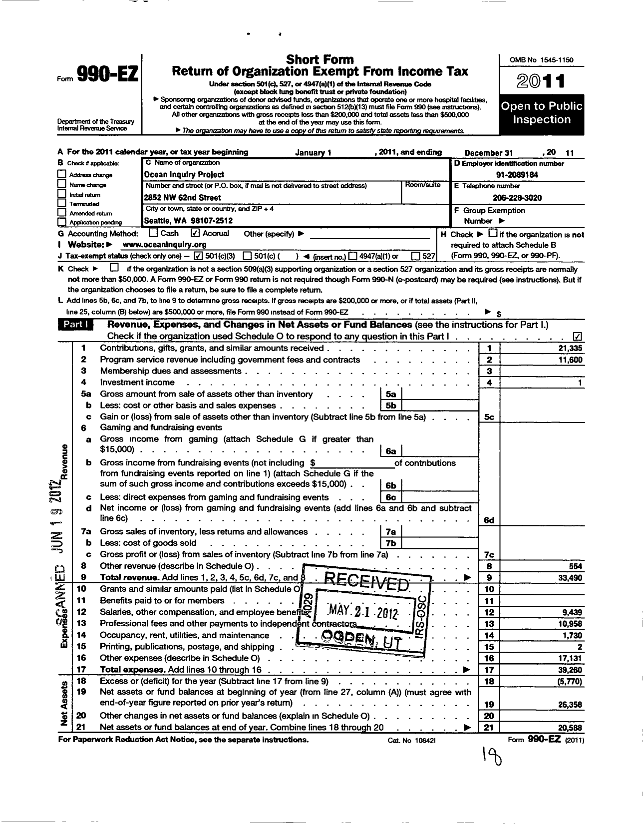 Image of first page of 2011 Form 990EZ for Ocean Inquiry Project