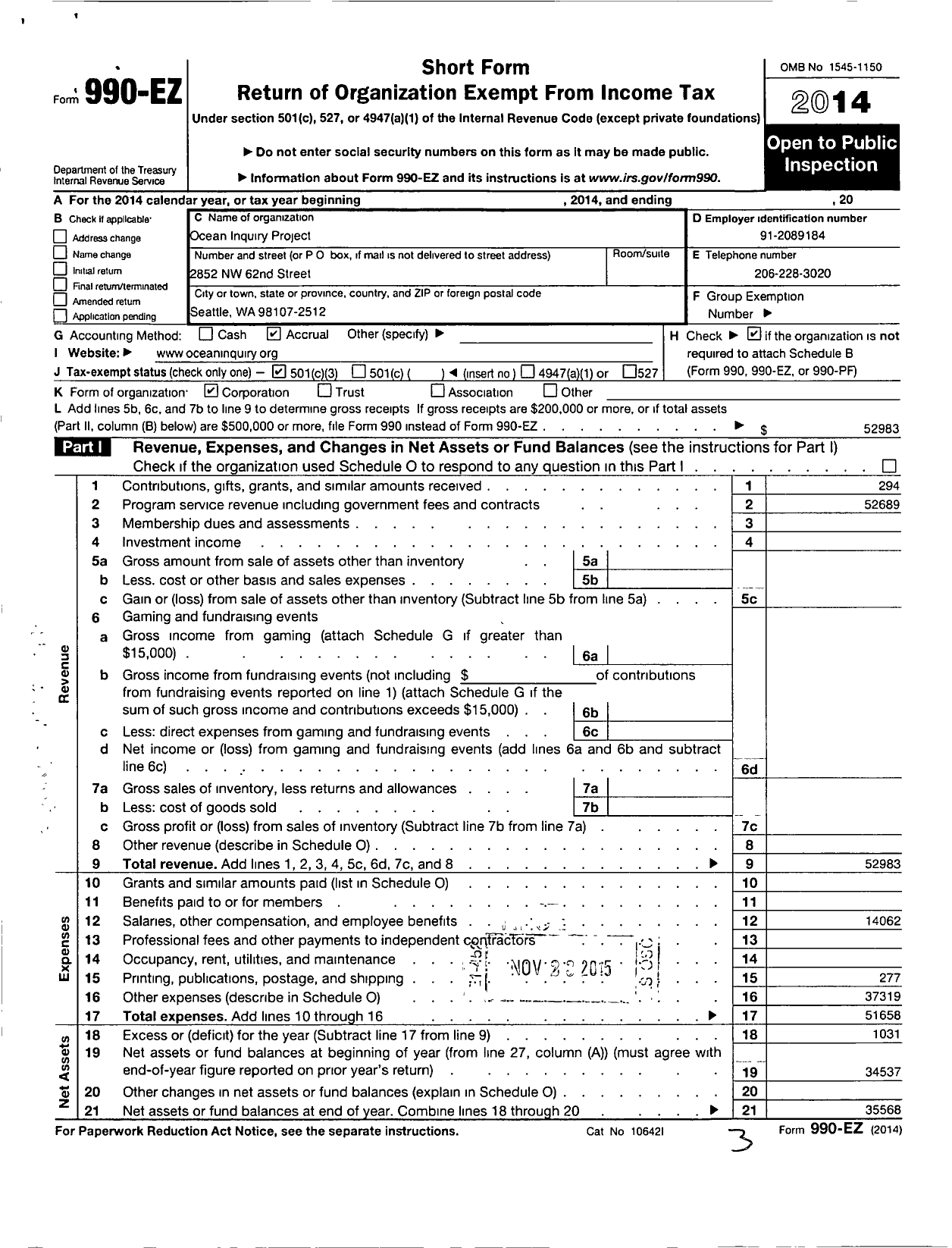 Image of first page of 2014 Form 990EZ for Ocean Inquiry Project