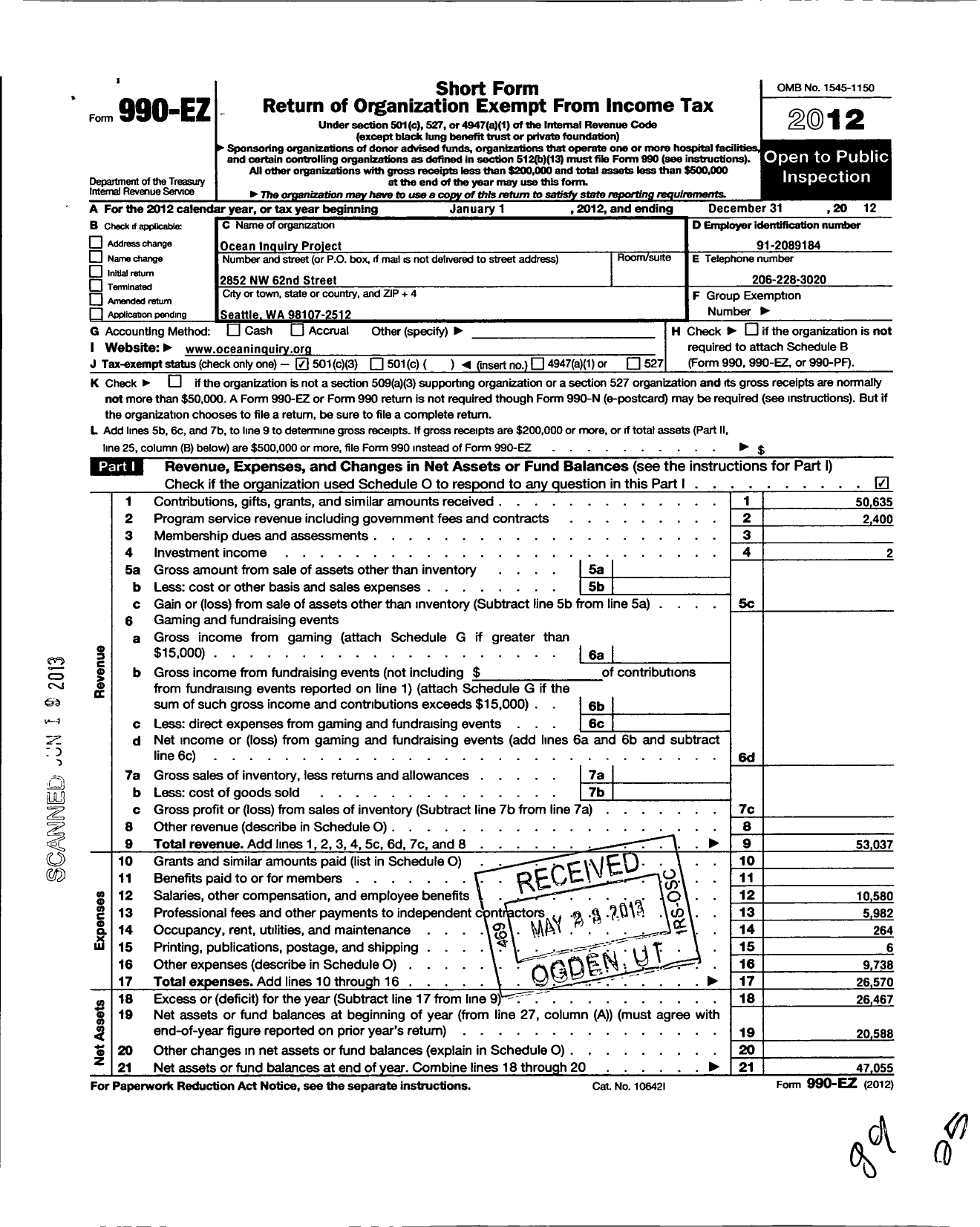 Image of first page of 2012 Form 990EZ for Ocean Inquiry Project