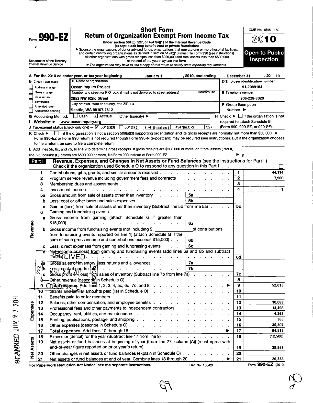 Image of first page of 2010 Form 990EZ for Ocean Inquiry Project