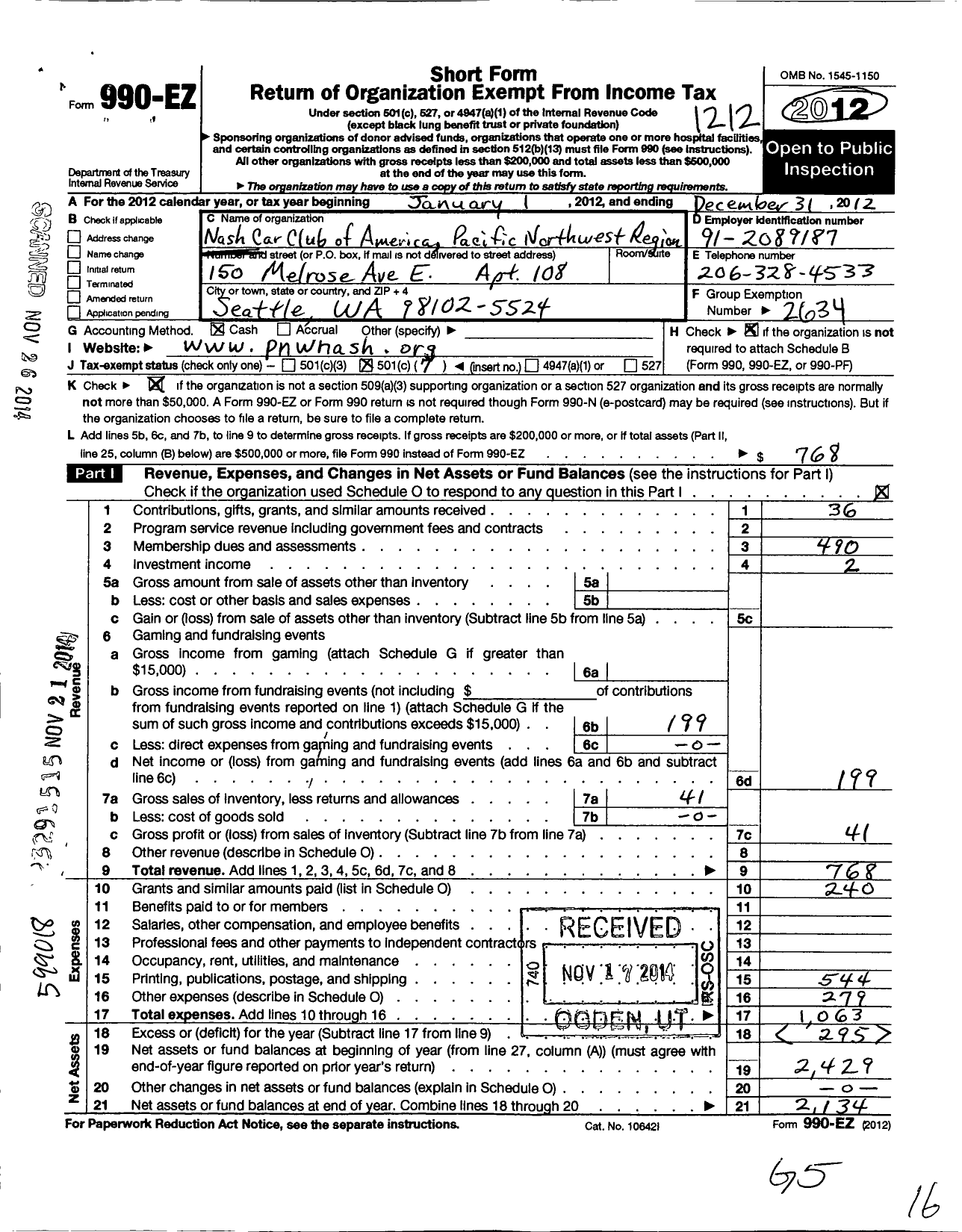 Image of first page of 2012 Form 990EO for Nash Car Club of America / Pacific Northwest Region