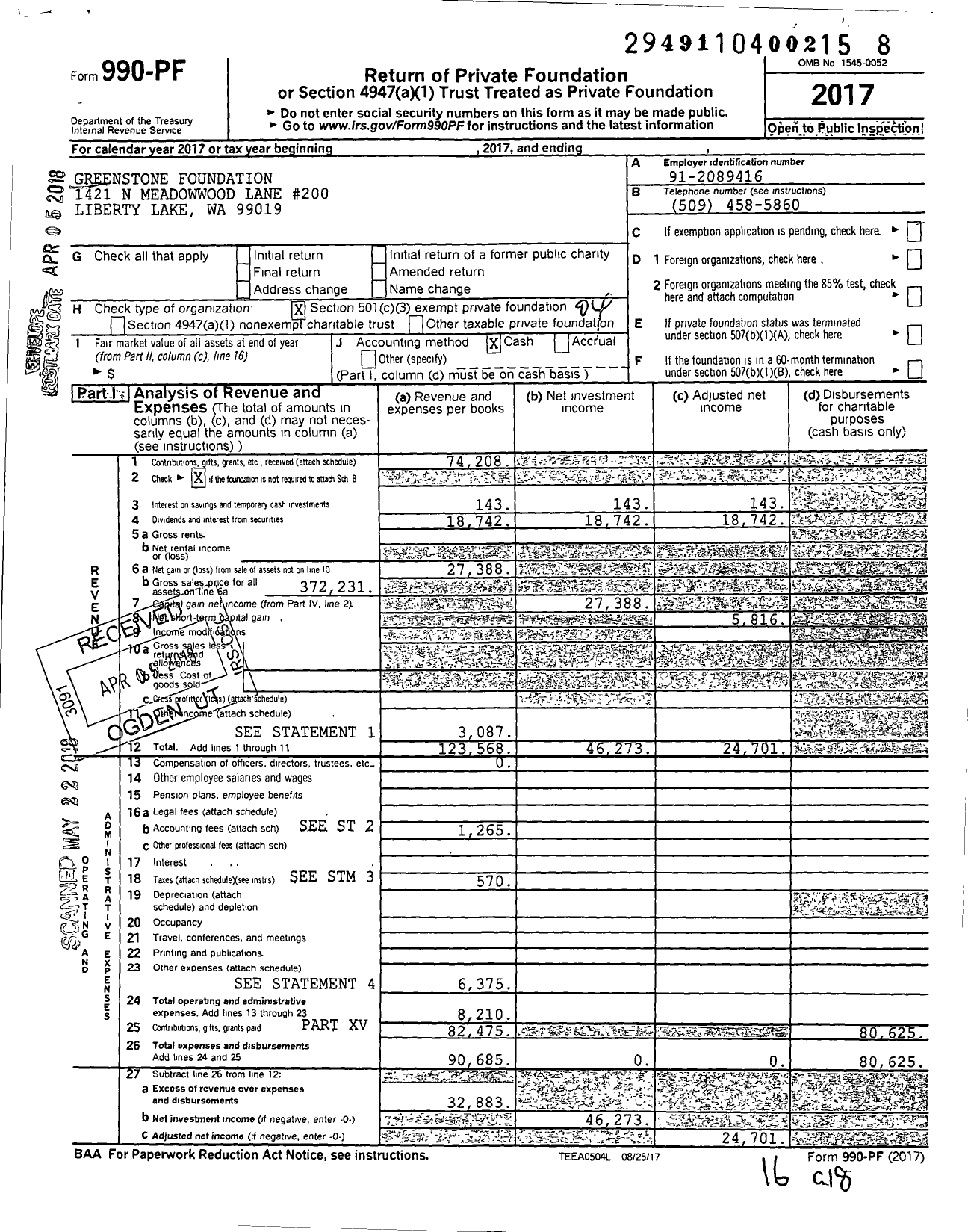 Image of first page of 2017 Form 990PF for Greenstone Foundation
