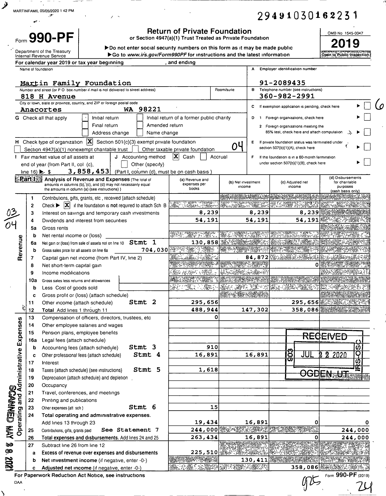 Image of first page of 2019 Form 990PF for Martin Family Foundation