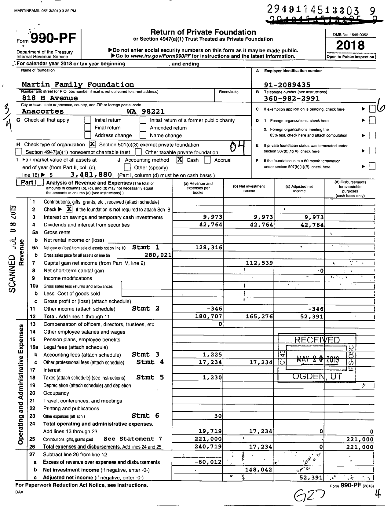 Image of first page of 2018 Form 990PF for Martin Family Foundation