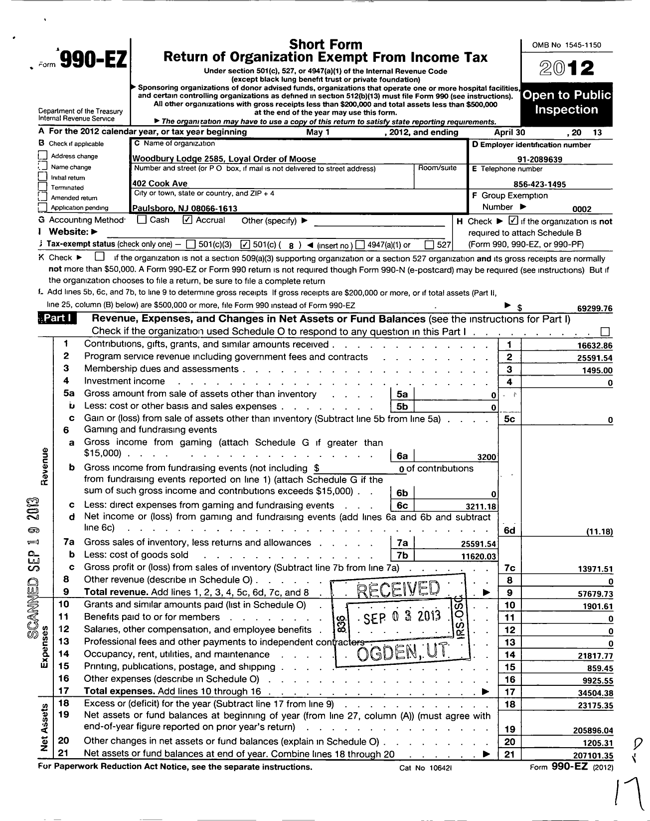 Image of first page of 2012 Form 990EO for Loyal Order of Moose - 2585