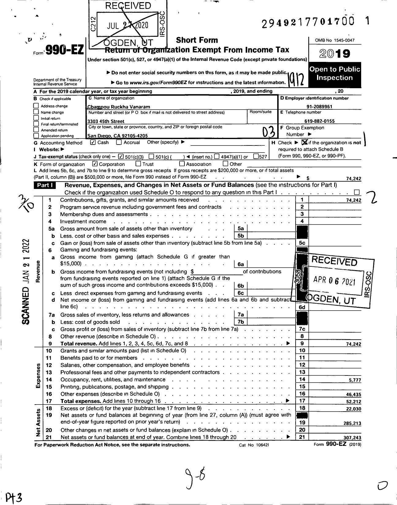 Image of first page of 2019 Form 990EZ for Champou Ruckha Vanaram