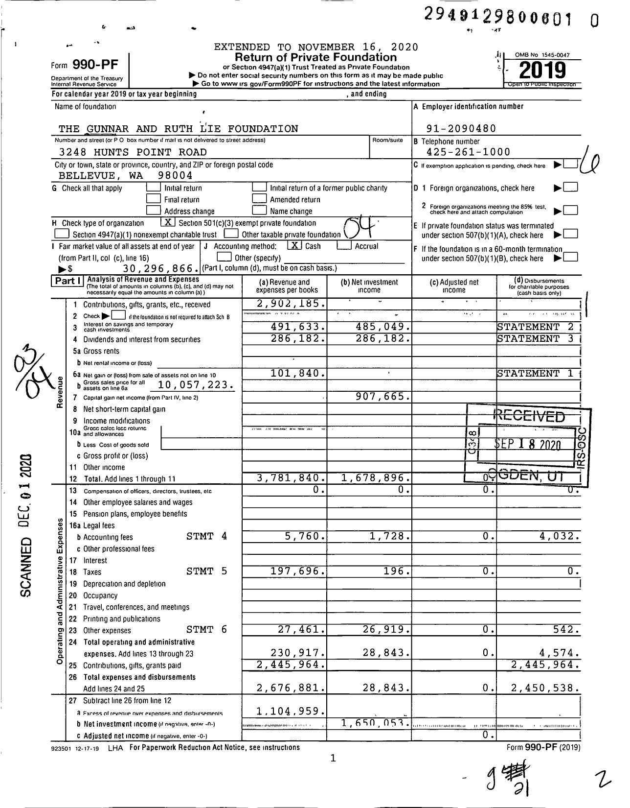 Image of first page of 2019 Form 990PF for The Gunnar and Ruth Lie Foundation