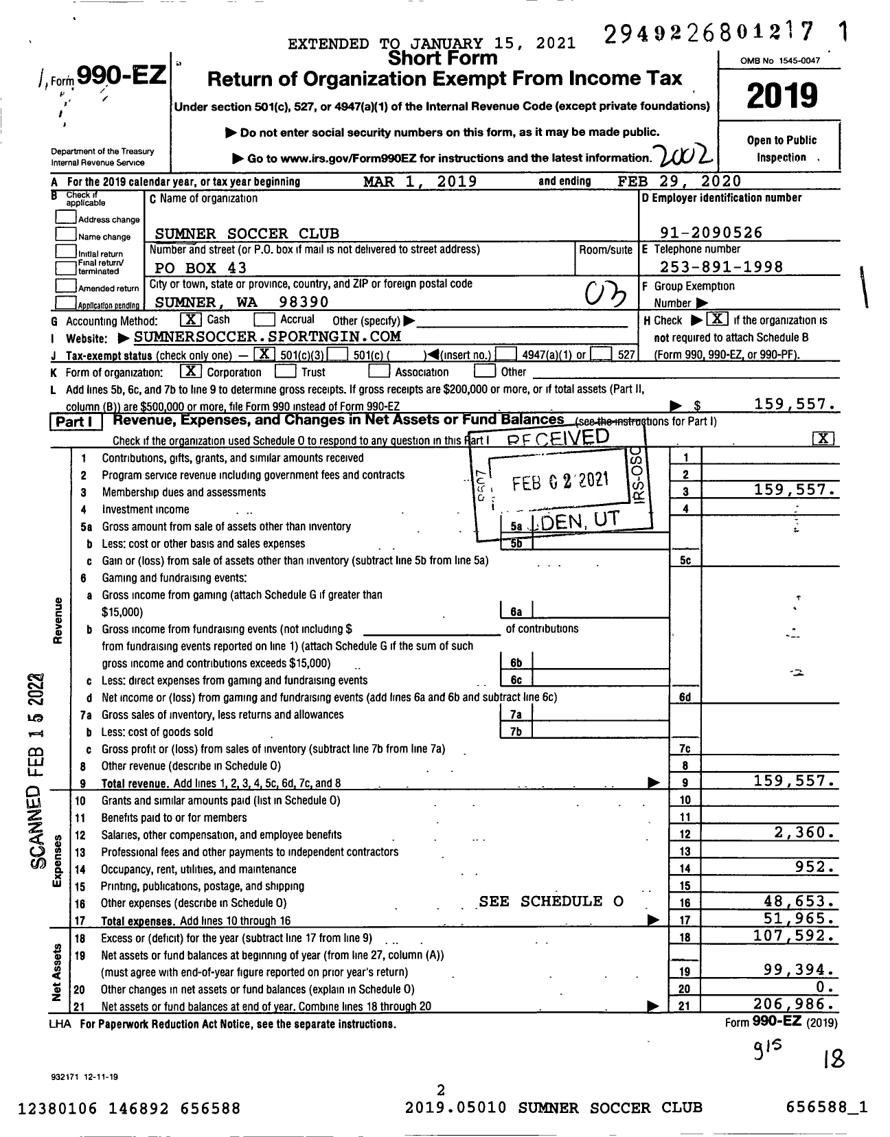 Image of first page of 2019 Form 990EZ for Sumner Soccer Club