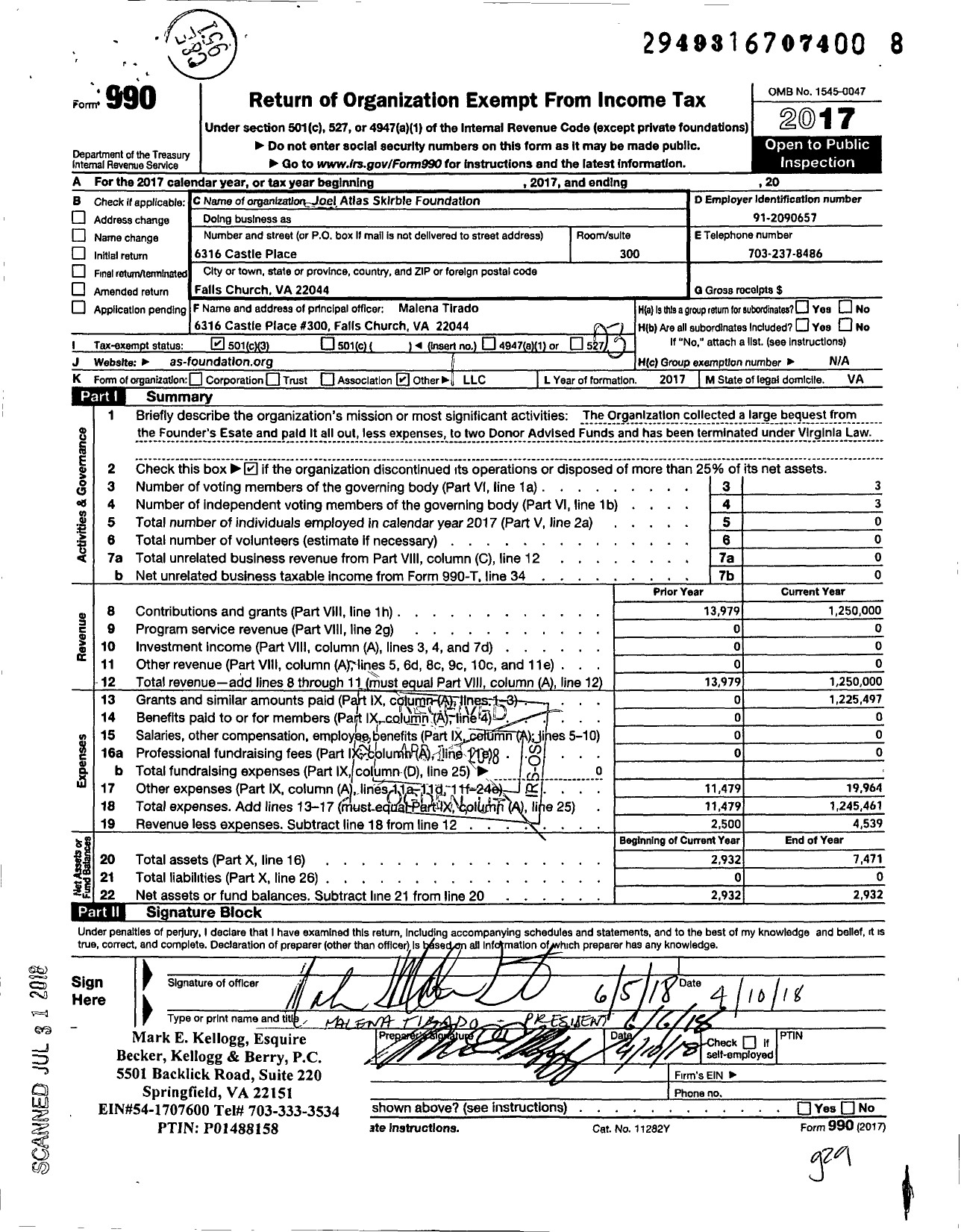 Image of first page of 2017 Form 990 for Joel Atlas Skirble Foundation