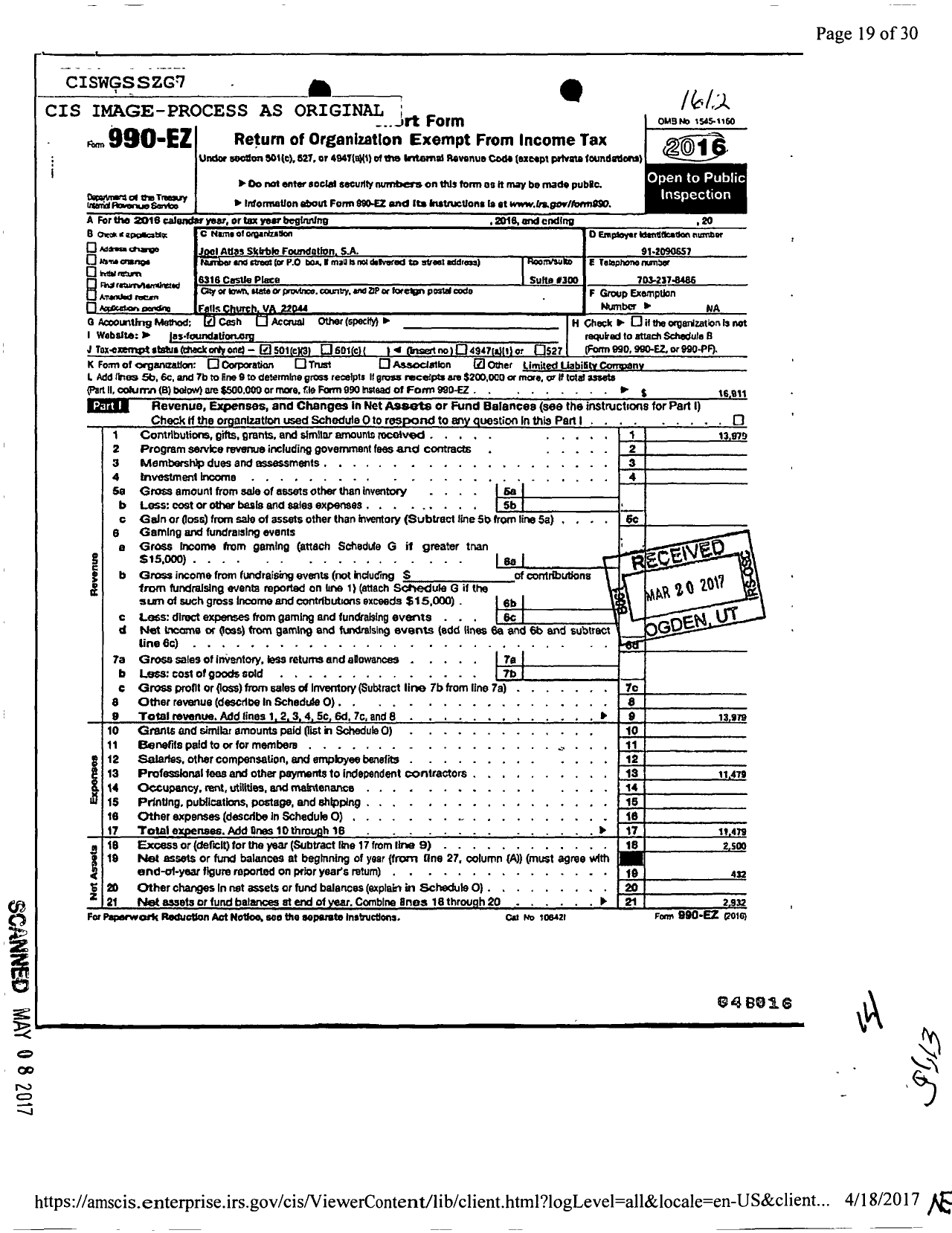 Image of first page of 2016 Form 990EZ for Joel Atlas Skirble Foundation