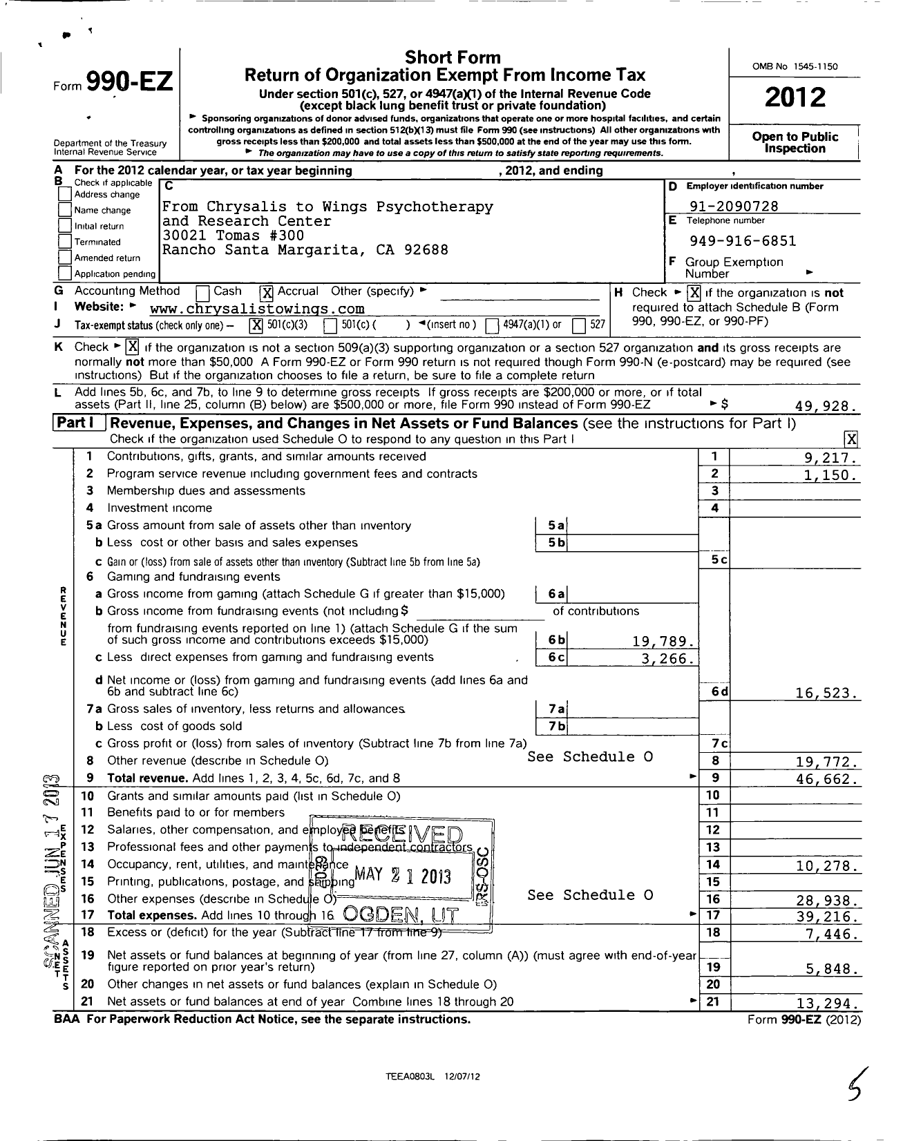 Image of first page of 2012 Form 990EZ for From Chrysalis To Wings Psychotherapy and Research Center