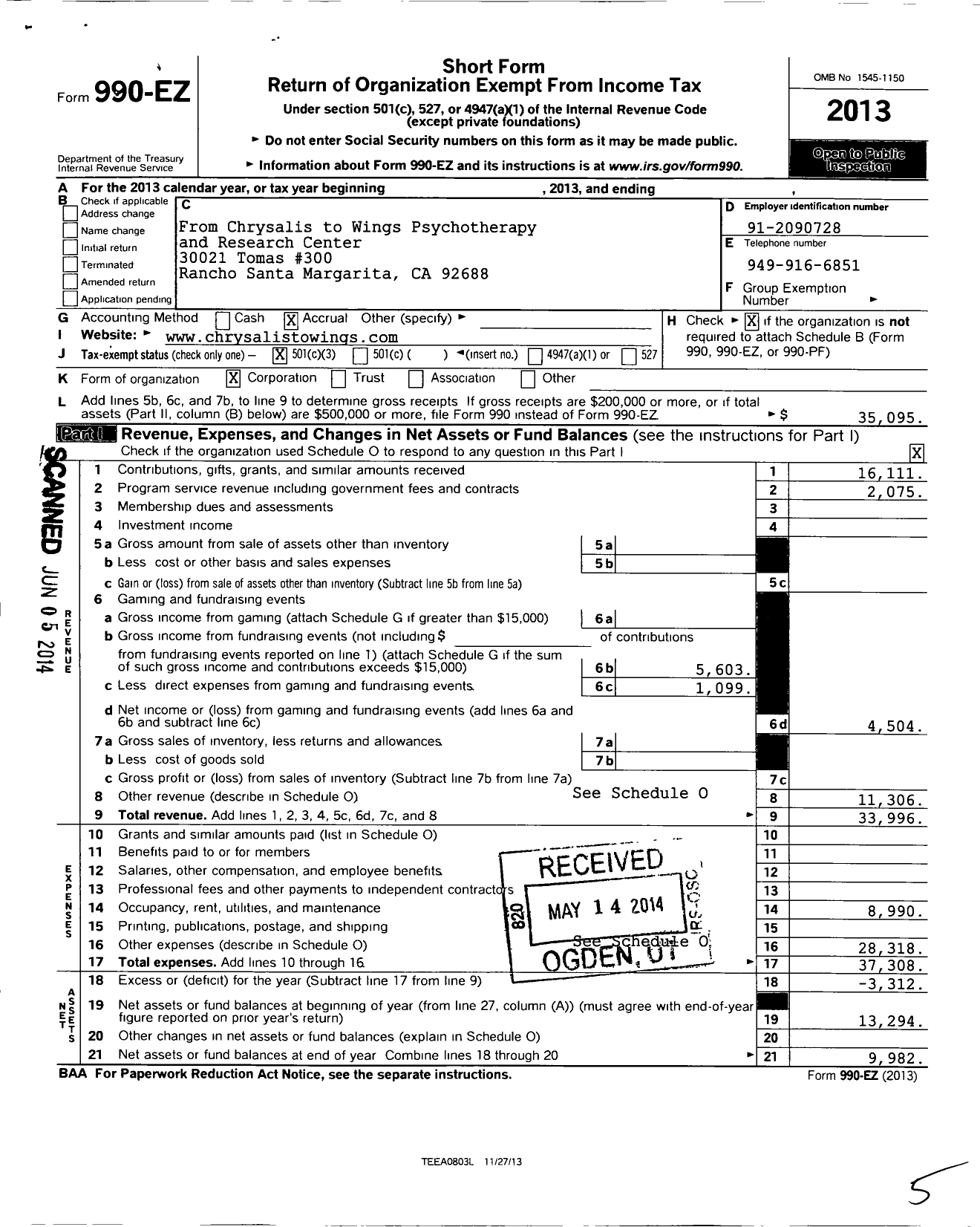 Image of first page of 2013 Form 990EZ for From Chrysalis To Wings Psychotherapy and Research Center