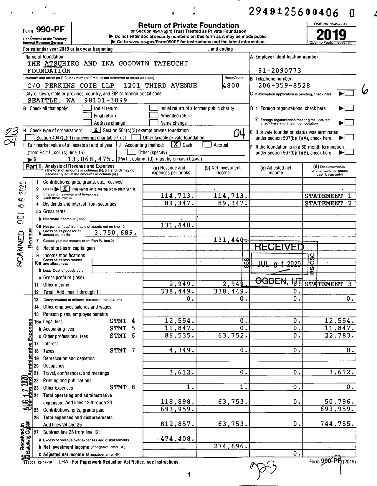 Image of first page of 2019 Form 990PR for The Atsuhiko and Ina Goodwin Tateuchi Foundation