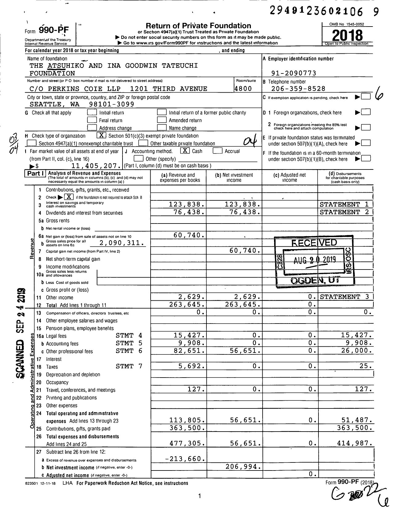 Image of first page of 2018 Form 990PF for The Atsuhiko and Ina Goodwin Tateuchi Foundation