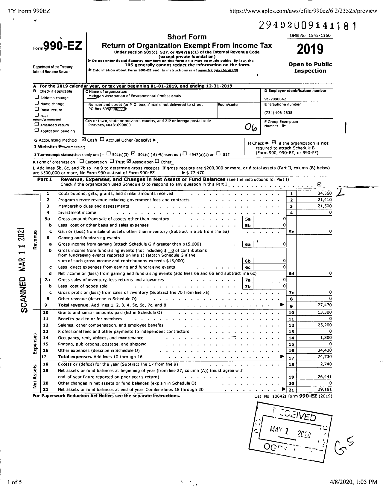 Image of first page of 2019 Form 990EO for Michigan Association of Environmental Professionals