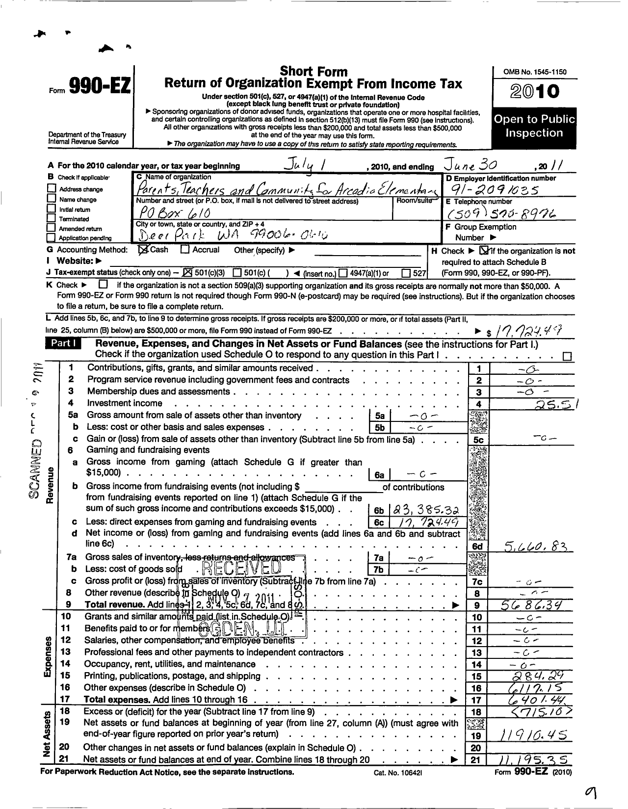 Image of first page of 2010 Form 990EZ for Parents Teachers and Community for Arcadia