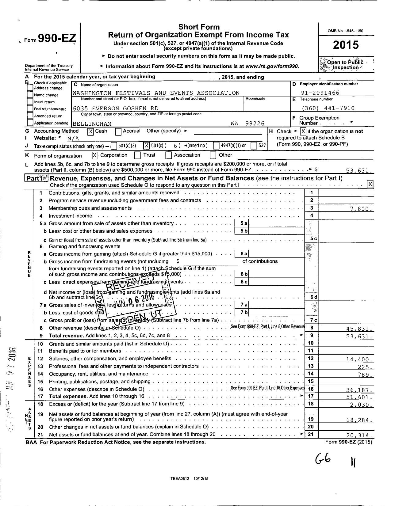 Image of first page of 2015 Form 990EO for Washington Festivals and Events Association