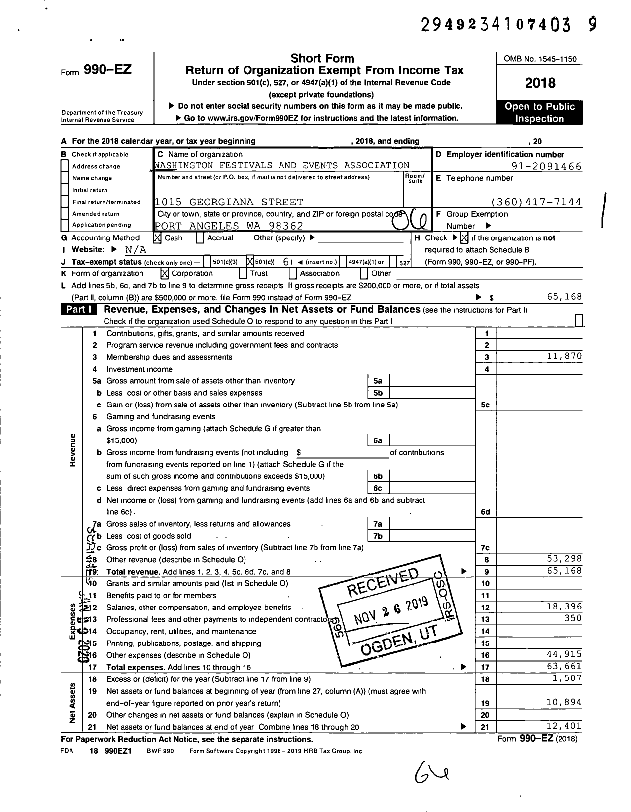 Image of first page of 2018 Form 990EO for Washington Festivals and Events Association