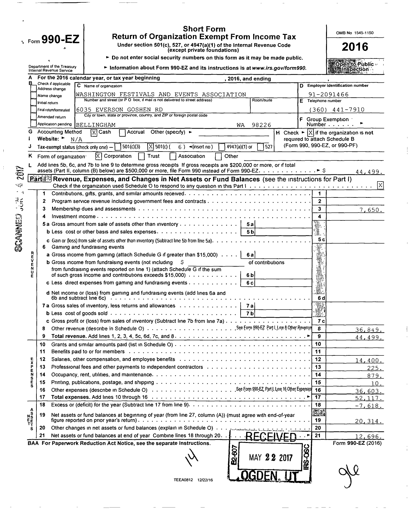 Image of first page of 2016 Form 990EO for Washington Festivals and Events Association