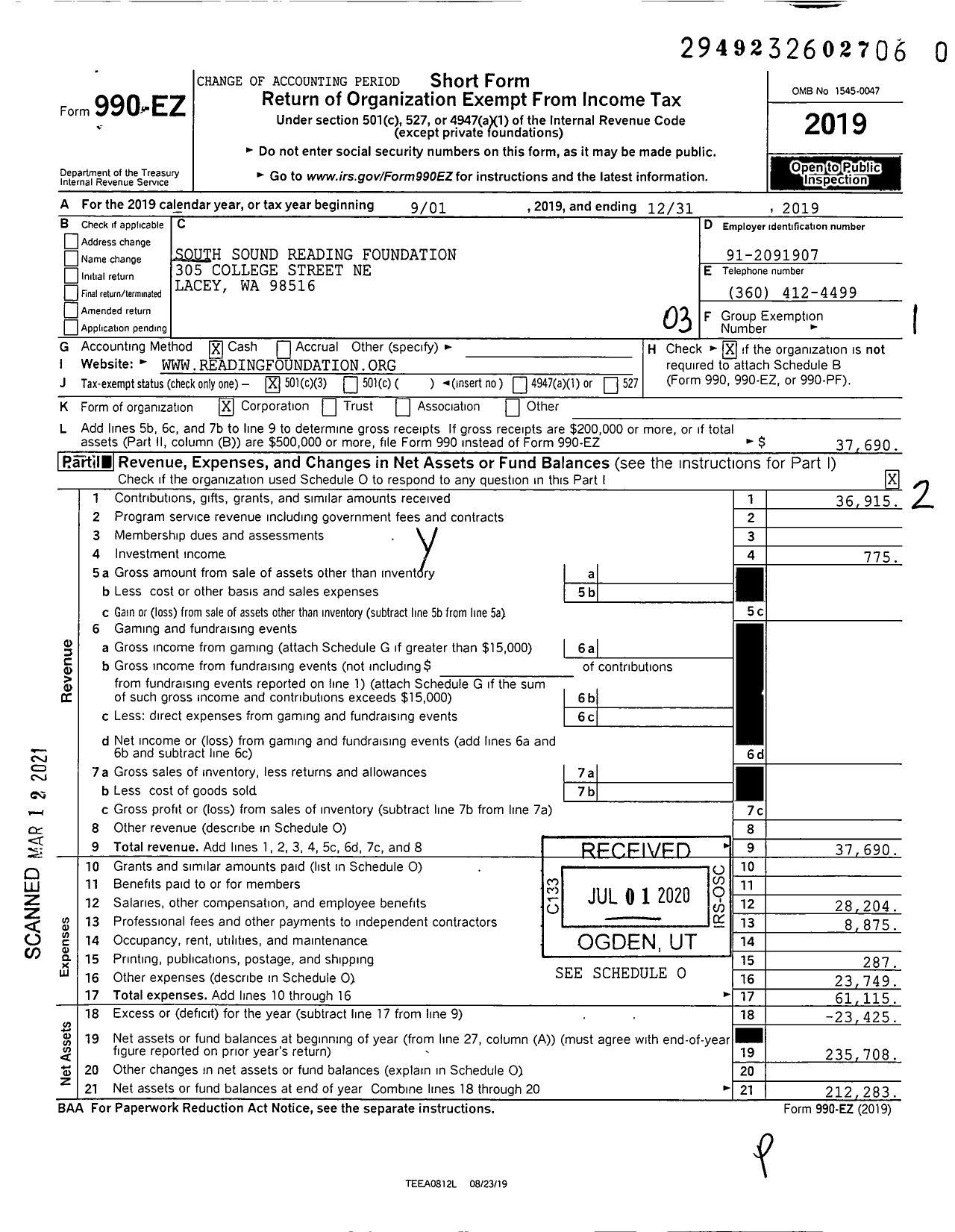 Image of first page of 2019 Form 990EZ for South Sound Reading Foundation