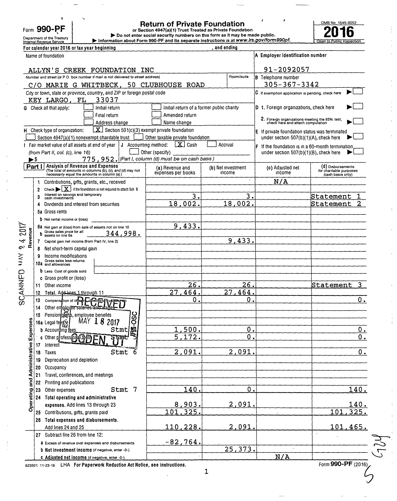 Image of first page of 2016 Form 990PF for Allyn's Creek Foundation
