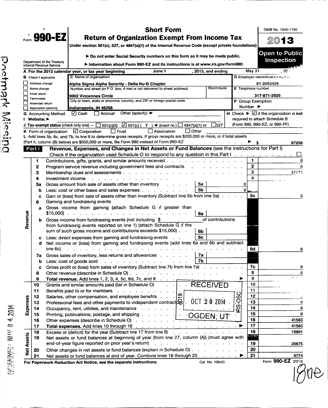 Image of first page of 2013 Form 990EO for Alpha Sigma Alpha Sorority / Delta Nu-B