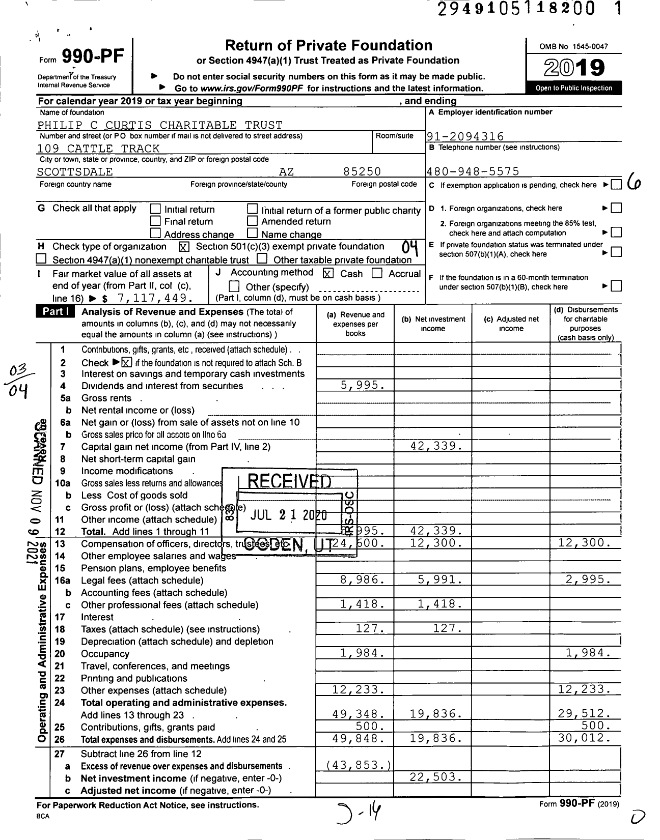 Image of first page of 2019 Form 990PF for Philip C Curtis Charitable Trust